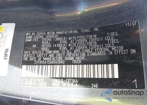 2008 Toyota Tundra Base 5.7L V8 z USA, uszkodzony, nr VIN 5TFRV54158X042840
